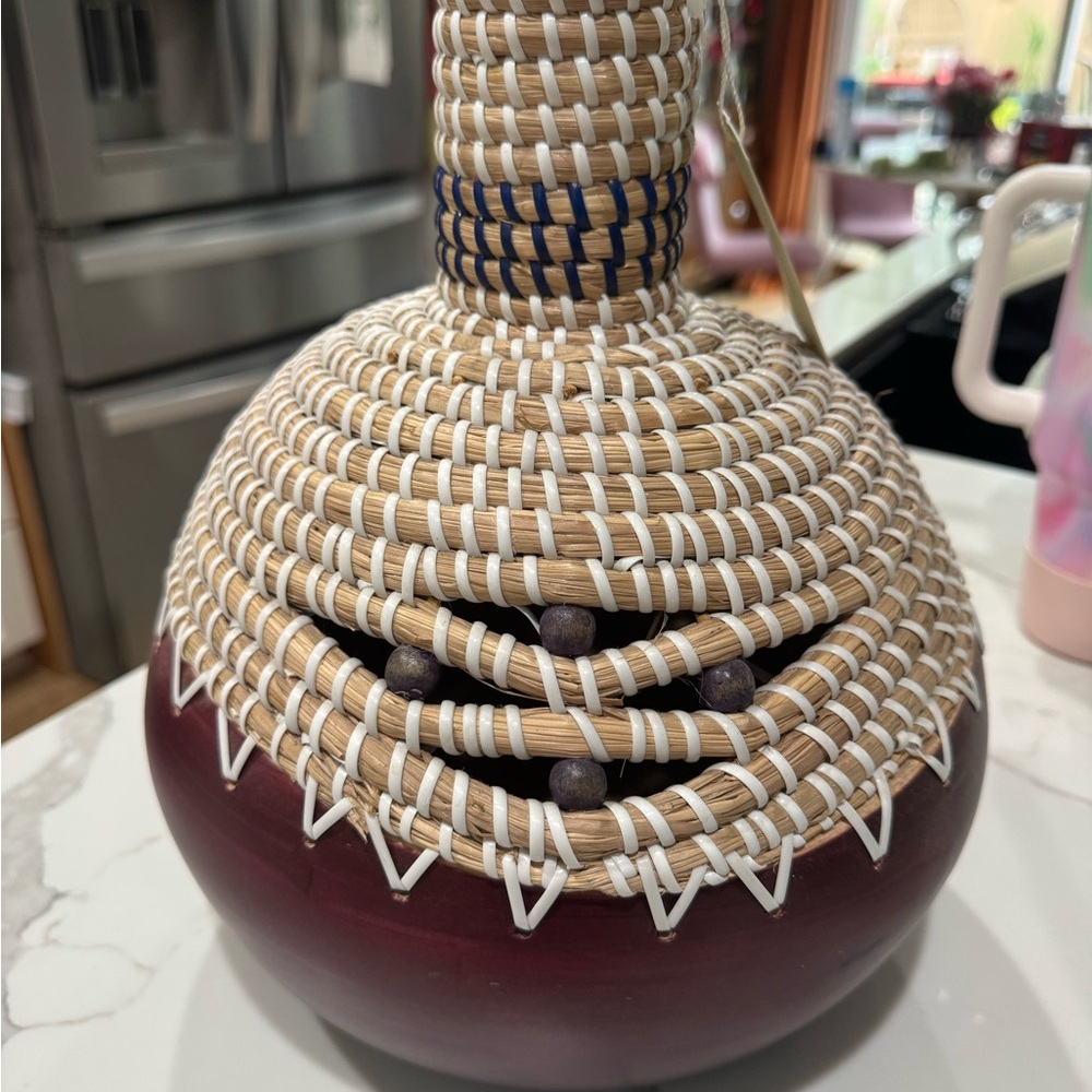 Woven Basket Vase with Purple Accents